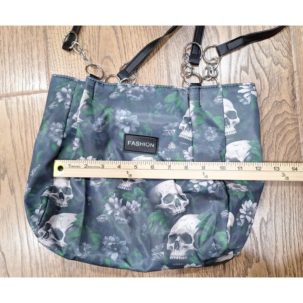 Fashion Purse Black Tote Bag with White Skulls and Green Floral Design